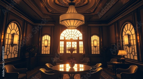 Art deco interior, warm golden hour lighting, soft and slightly dark tones, fine art style, luxurious ambiance, no people, sunrise or sunset light, soft contrast and saturation