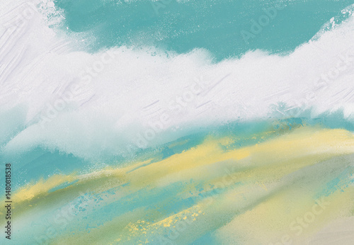 Impressionistic Spring or Summer Landscape of a Gradual Hillside Meadow with a Cloud Floating in the Sky Above in Sky Blue or Aqua/Teal & Yellow -Digital Painting, Art, Illustration w/Texture