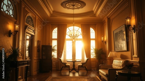 Professional photography, art deco style interior, warm golden light, soft and luxurious atmosphere, charming details, soft contrast, subtle saturation, editorial photography style