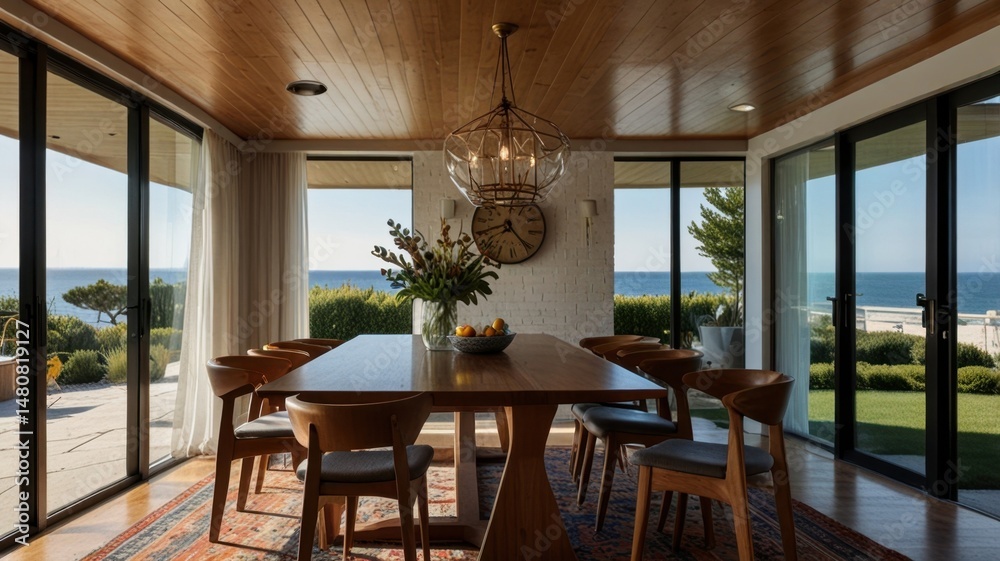 Obraz premium mid-century modern dining space in a summer house by the sea