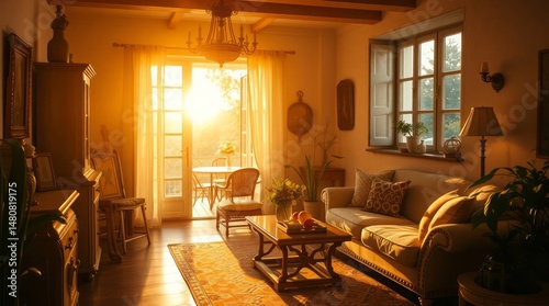 Professional photography, fine art print, warm golden hour light illuminating a radiant and charming provençal interior.  luxurious details, soft light, adorable features. 