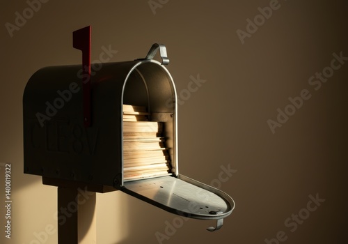 Open mailbox full of letter and postcard. Concept of delivery, post service or message reception. Mailbox symbol of communication and correspondence