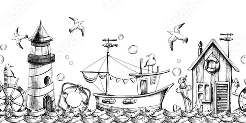 Sea lighthouse with fishing boat and cabin, ship steering wheel, lifebuoy, anchor with flying seagulls and bubbles on water and shore. Hand drawn watercolor illustration. Seamless border pattern.