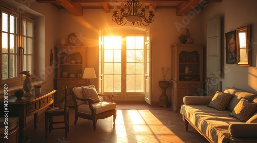 Professional photography, warm golden glow, depicting a radiant and charming provençal interior.  no people, soft light, just after sunrise or before sunset.  high-resolution image, soft focus
