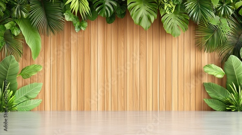Wooden wall with lush green tropical foliage and bright floor