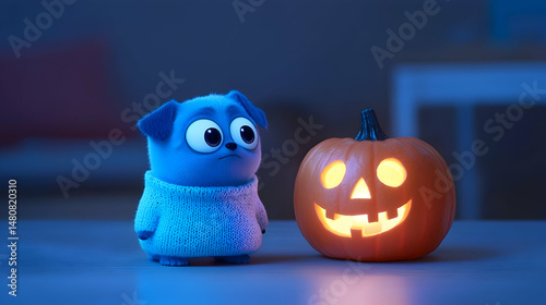 Adorable Blue Plush Dog and Lighted Halloween Pumpkin