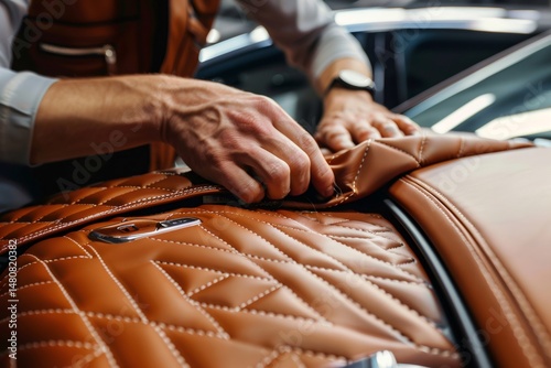 Craftsman working on luxurious leather car upholstery in workshop