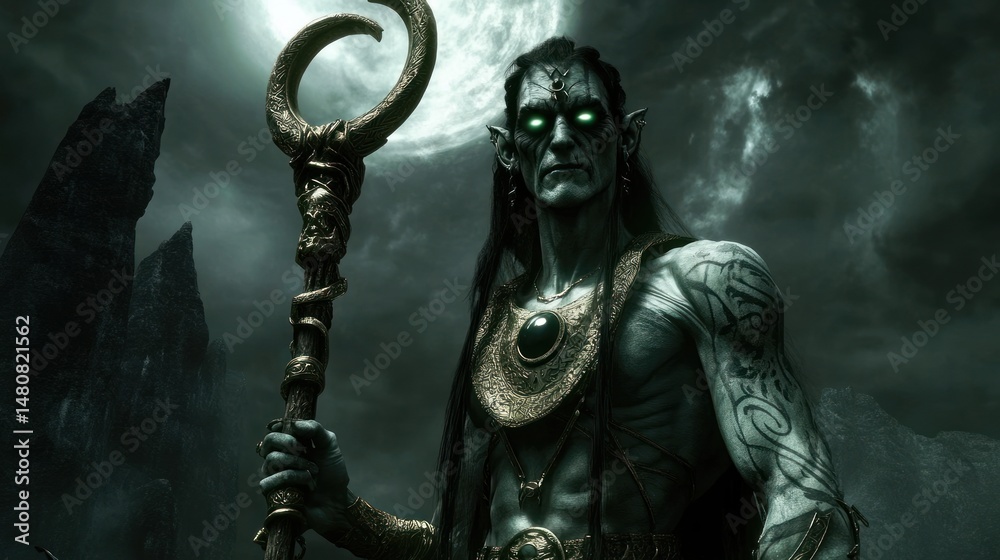 Fototapeta premium Dark fantasy figure with staff green eyes and tattoos