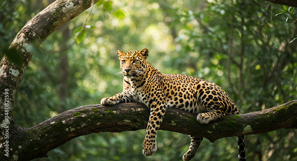 Obraz premium Resting Leopard High up in the Forest Tree Canopy During the Day in the Warm Weather of the Tropical Forest Landscape