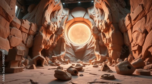 Sculptural clay art depicting epic lens glow lighting on a massive, heroic modern future grand scene, textured modeled shapes in interiors and art pieces without people