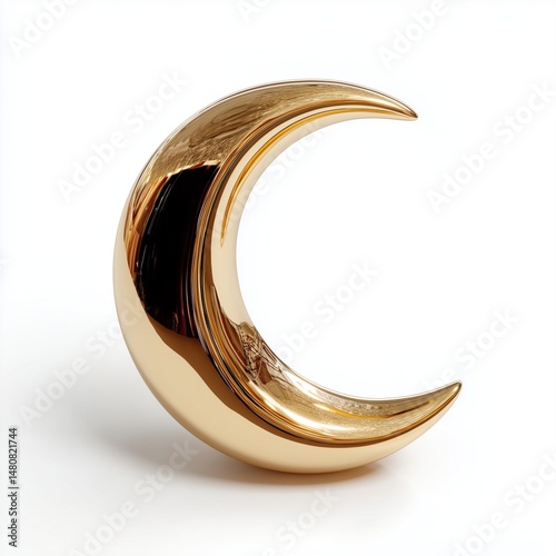 Polished gold metallic crescent moon on plain bright white background no shadows, sleek celestial symbol, modern simplicity