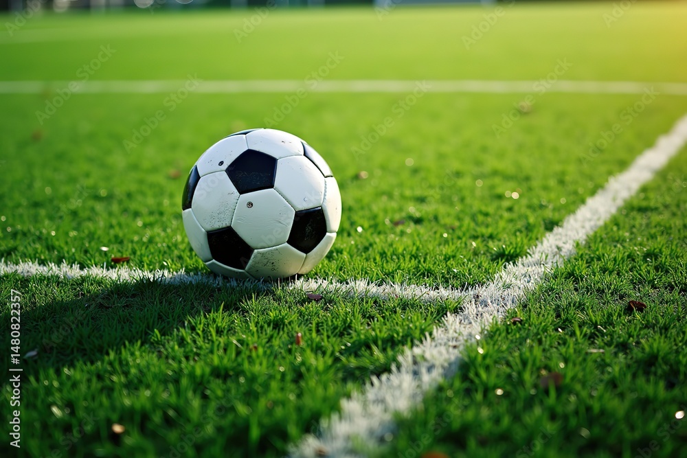 Fototapeta premium A soccer ball on the white line of a green football pitch. Suitable for sports photography, football - themed visuals, and grass - related graphics.