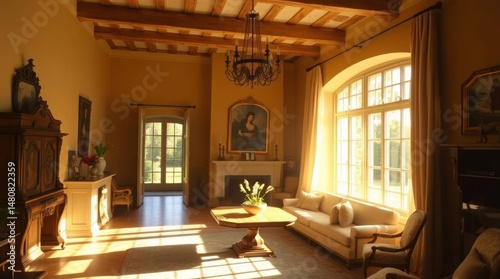 Warm golden glow, professional photography, fine art style, interior of a luxurious provençal house, soft light, , radiant and charming ambiance, soft contrast, soft saturation, 