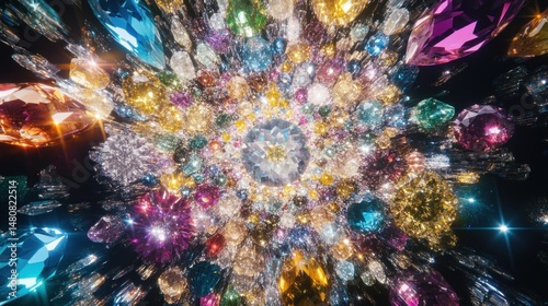 Multicolored gemstones radial burst sparkling jewel background dazzling crystal pattern