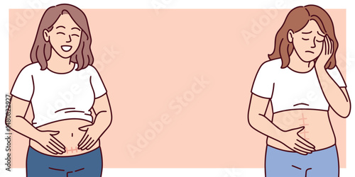 Illustration of two women showing their C-section scars with proud expressions, supporting postpartum body positivity, with extra space for text in the background