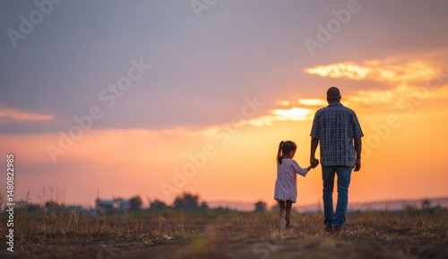 Father and daughter walking into sunset.