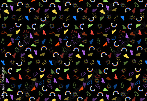 Bright pattern of colorful clouds, rainbows, suns on black background. Joyful and cheerful design for kids, spring and happiness themes. seamless  pattern vector. For backdrop, wallpaper, fabric 