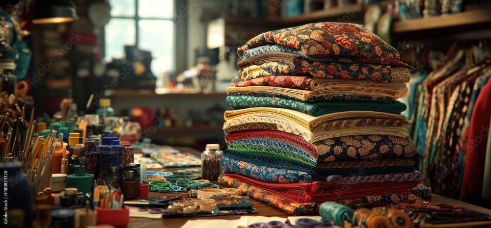 Fototapeta premium Colorful fabric stack on artist's work table. Background shows a creative studio. Use Design, craft, textile