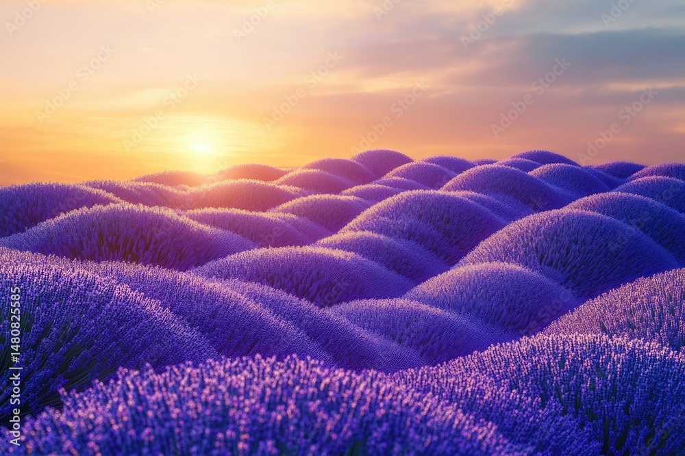 Fototapeta premium Sunset over rolling hills of vibrant purple lavender fields.