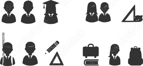 set of Man girl students classmates pictogram icon in a collection with other items
