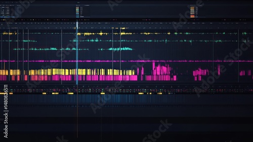 Colorful audio waveforms on digital music production software interface