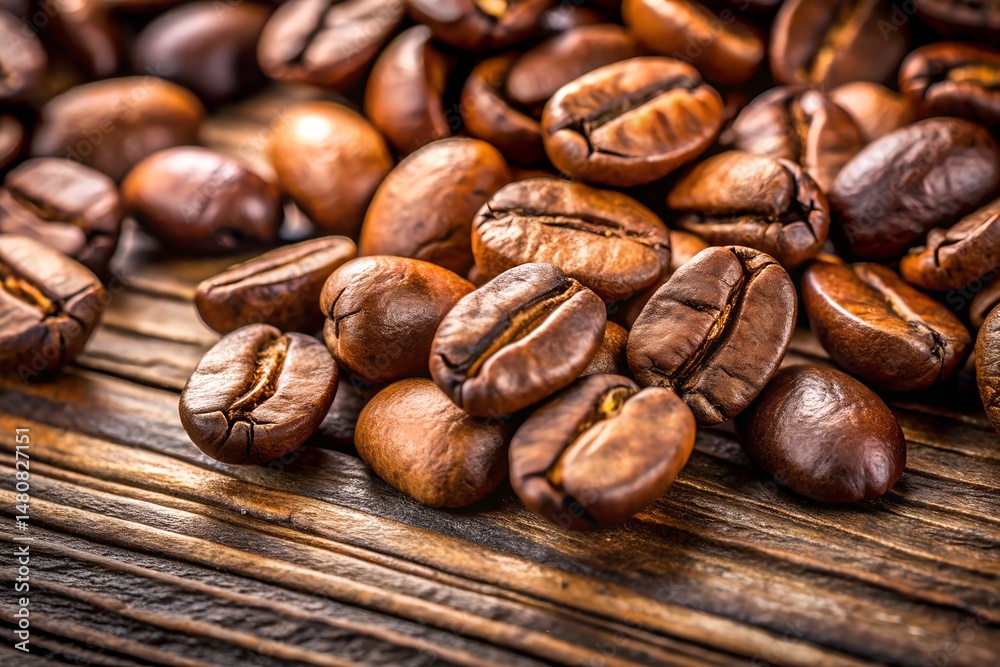 Naklejka premium Macro Coffee Beans On Rustic Wooden Table