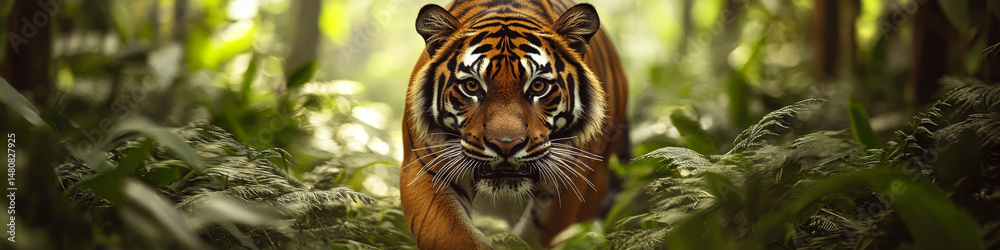 Obraz premium A tiger prowls through dense jungle foliage, staring intently ahead. Concept of wildlife and nature in harmony. For wildlife conservation awareness.