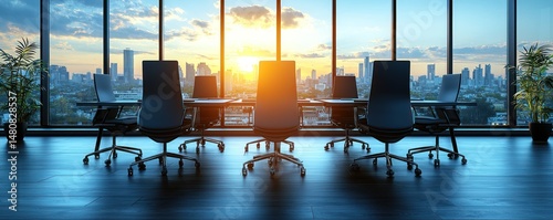 Sunlit cityscape view from a modern conference room, featuring several empty executive chairs arranged around a long table