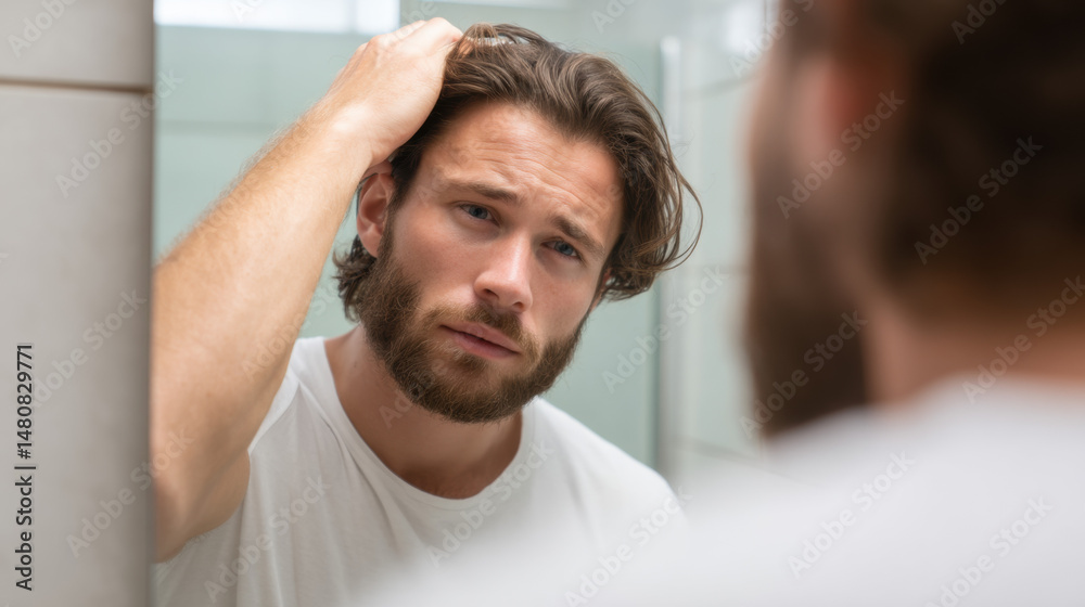 Obraz premium Young Man Looking in Mirror and Touching Hair – Grooming, Self-Care, and Reflection Concept