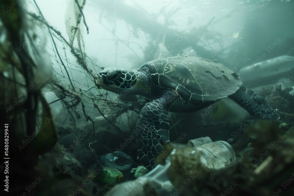 Fototapeta premium Sea turtle swimming in plastic polluted ocean