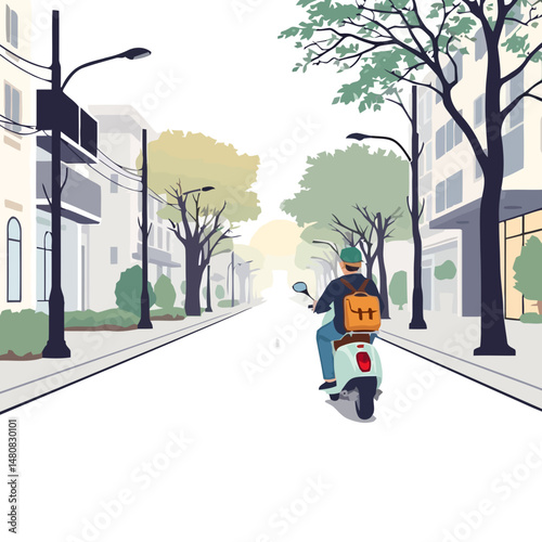 City Commute: A person riding a scooter travels down a city street, exploring the urban landscape, revealing the essence of metropolitan living and the flow of urban mobility.