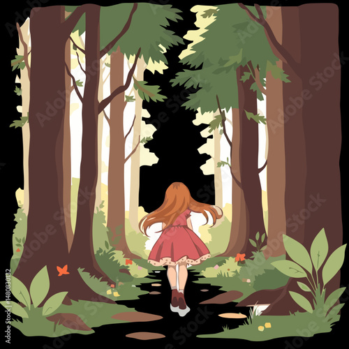 Journey Through the Whispering Woods: A solitary figure embarks on a whimsical adventure, lost in the enchantment of a stylized forest, evoking feelings of curiosity and exploration.