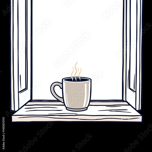 Warm Coffee by the Window: A steaming mug of coffee sits on a rustic windowsill, bathed in the soft morning light. The open window hints at a gentle breeze and the promise of a new day.