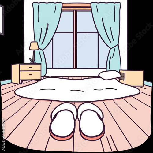 Bedroom View: Stepping into a cozy bedroom, a pair of soft slippers rest on the wooden floorboards, welcoming the viewer into a peaceful sanctuary.