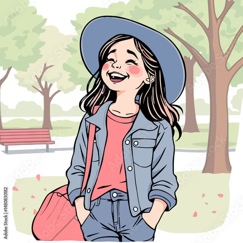 Joyful Park Stroll: A radiant cartoon girl strolls through a sun-drenched park, embracing the moment with a smile and a sense of playful, care-free delight.