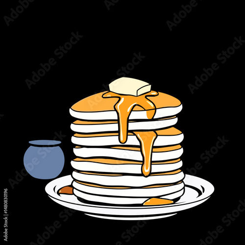 Stack of Golden Pancakes: A stack of golden, fluffy pancakes, drenched in sweet syrup with a pat of butter, ready to savor on a plate, capturing the essence of a delicious breakfast treat.