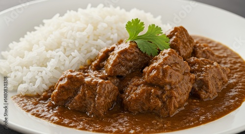 Beef Curry with Basmati Rice - Aromatic beef curry, tender chunks of beef simmered in a rich sauce, served with fluffy basmati rice. A comforting, flavorful photo