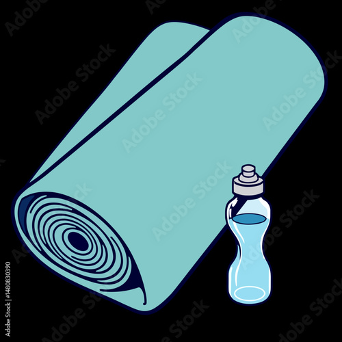 Yoga Mat and Water Bottle: A minimalistic illustration showcases a rolled-up yoga mat and a sleek water bottle, embodying the essence of wellness and hydration.