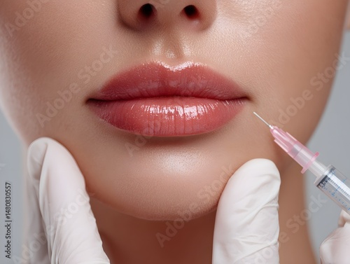 Woman is getting a lip injection. The injection is being administered by a doctor. The woman is wearing gloves