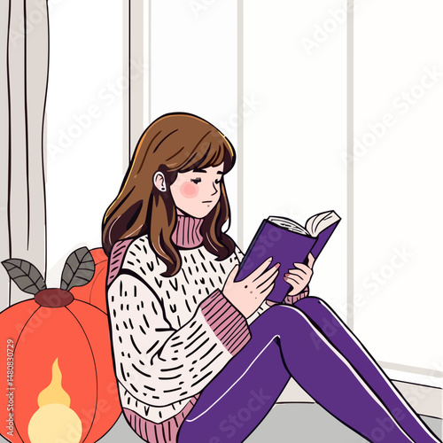 Cozy Reading: A woman, draped in a comfortable sweater, finds solace in a good book near a window, accompanied by a serene pumpkin decoration. It's a moment of peace, reflection, and quiet joy.