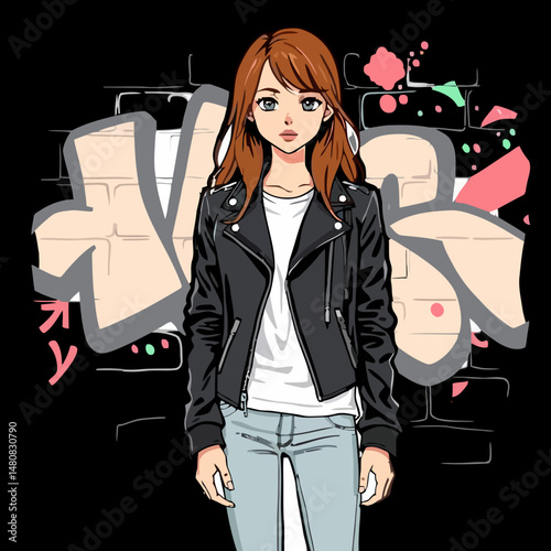 Urban Chic Illustration: A stylish young woman stands confidently before a vibrant backdrop of urban art, embodying the spirit of street style and self-expression.