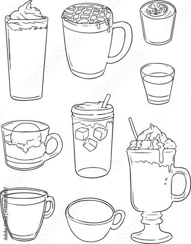 Hand-drawn doodle collection of various drink cups and glasses. Coffee, latte, iced beverages, frappe, and more. Sketch style vector illustration.