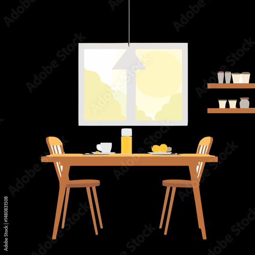 Breakfast Table Scene: A cozy breakfast table for two sits bathed in natural light, with food ready to be eaten near a window. Simple but elegant with tableware.