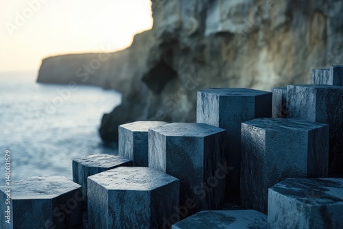 Hexagonal stone structures ascend near a dramatic cliff overlooking the ocean at sunset.