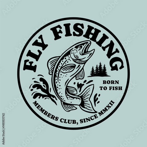 Hand-drawn fishing graphic. Vector Fly fishing illustration. Perfect for t-shirt prints, posters, stickers, and other uses.	