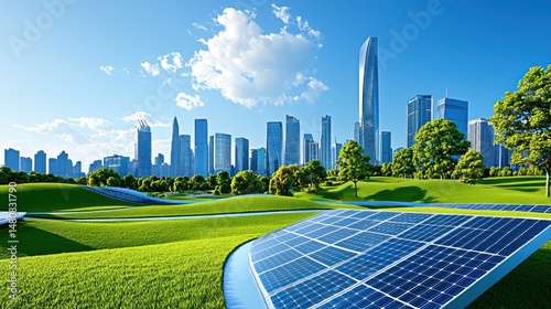 Solar panels in lush park with city skyline background