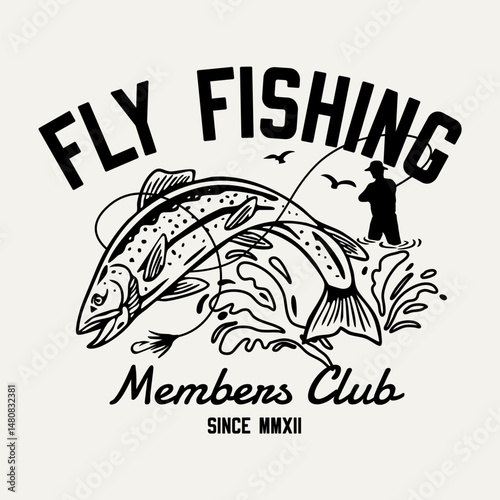 Hand-drawn fishing graphic. Vector Fly Fishing illustration. Perfect for t-shirt prints, posters, stickers, and other uses.	