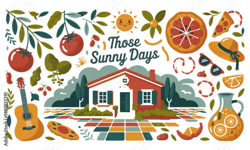 A modern vector illustration in a Mediterranean summer theme,  easily scalable and editable.