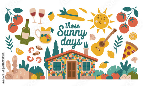 A modern vector illustration in a Mediterranean summer theme,  easily scalable and editable.