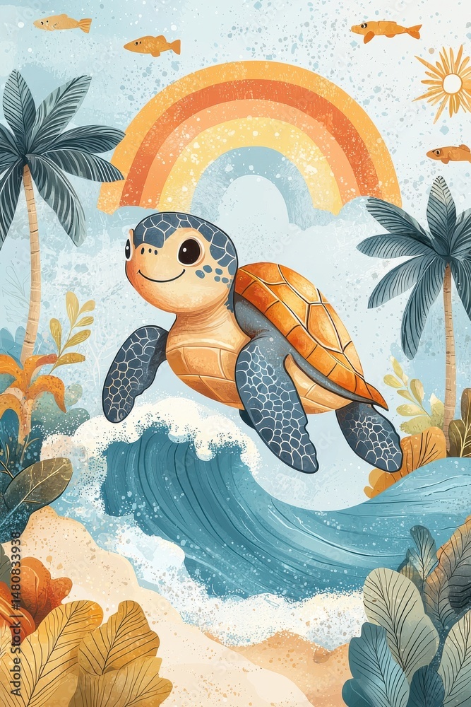 Colorful depiction of a turtle surfing waves at sunset with palm trees